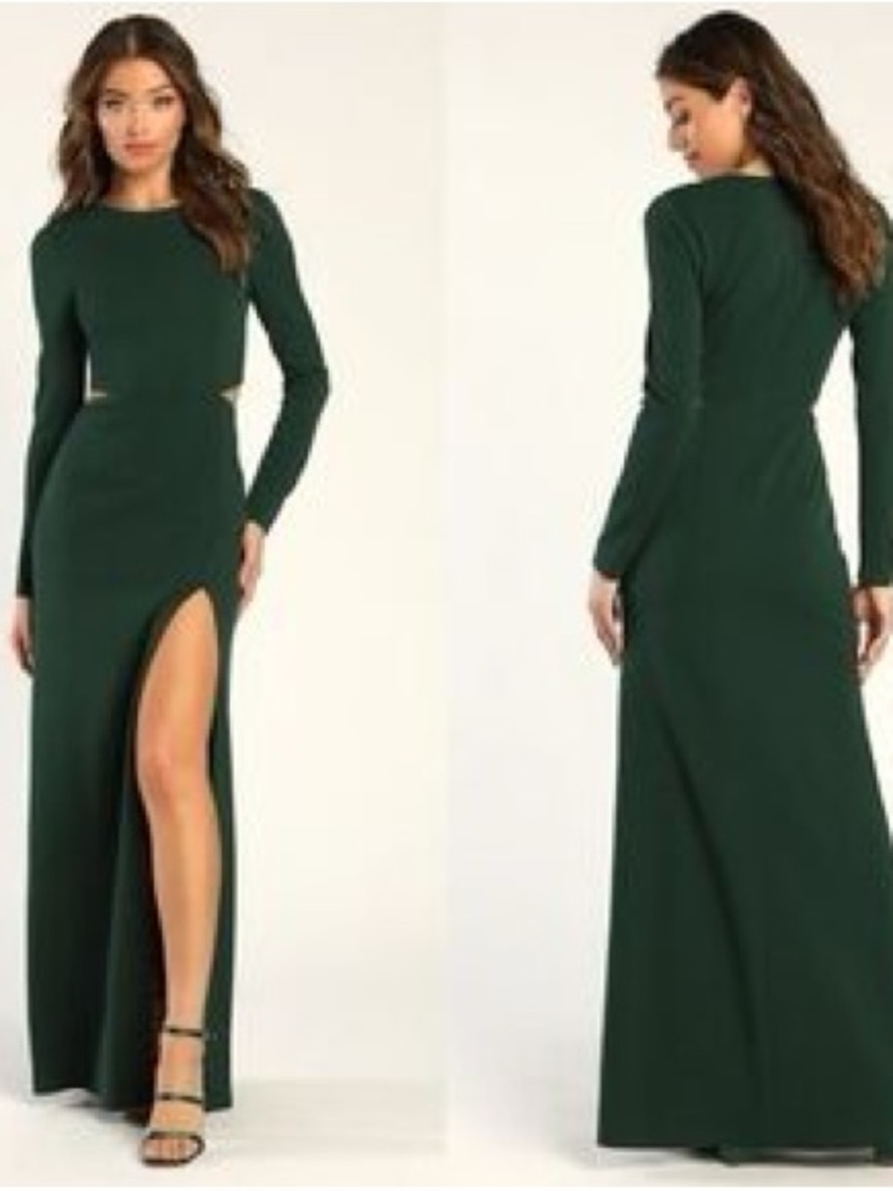 Lulu's Dark Green Long Sleeve Gown with High Slit